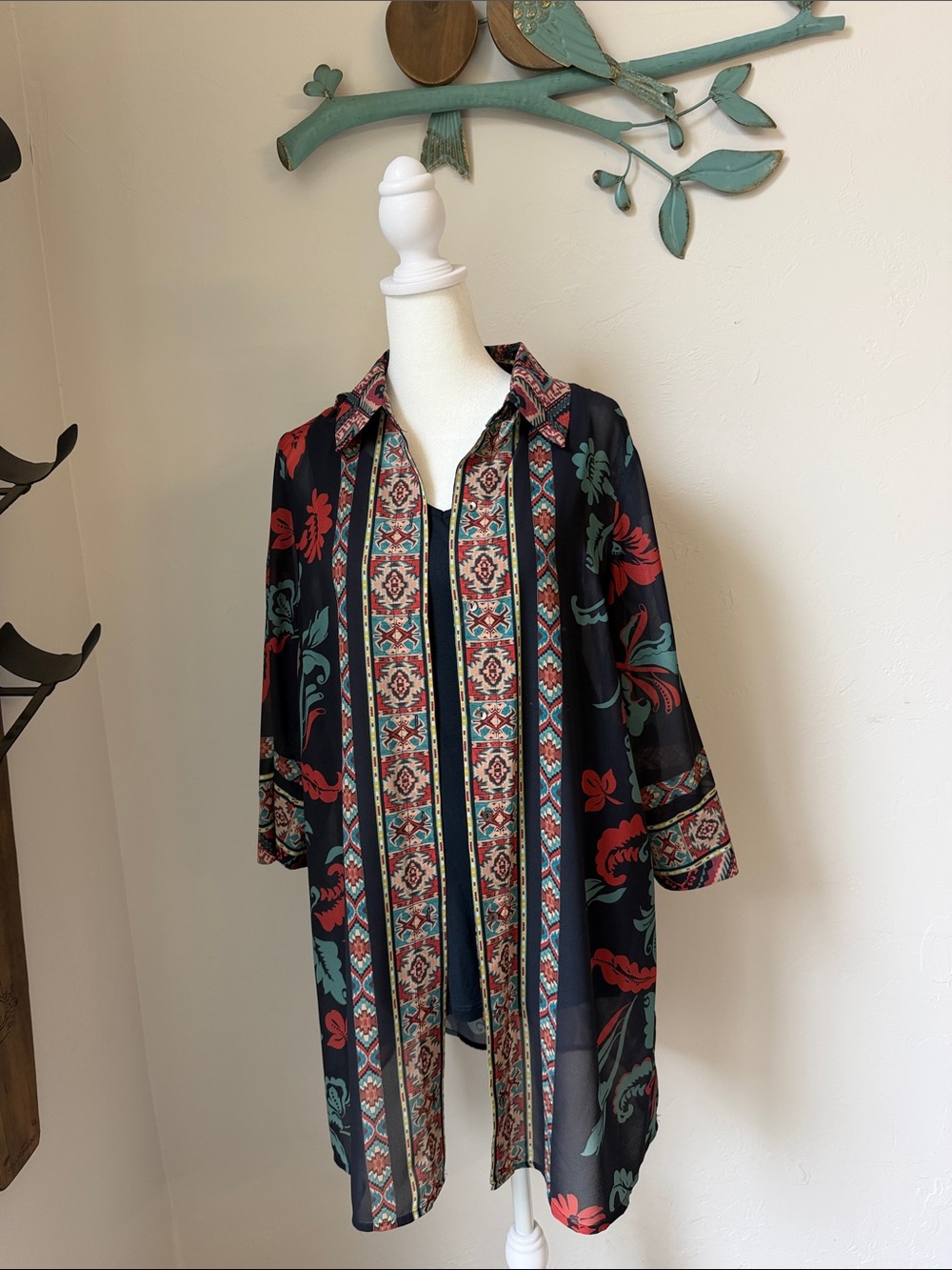 Soft Surroundings Black Tribal Ikat Print Button Up with Cami